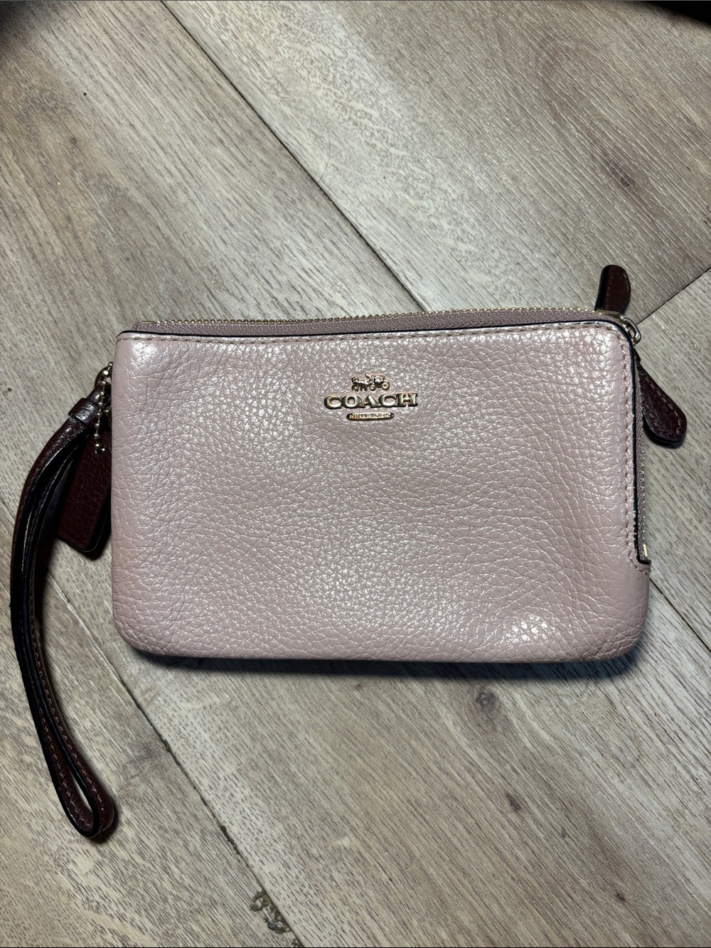Coach Pebbled Leather Wristlet in Light Pink with Burgundy Strap